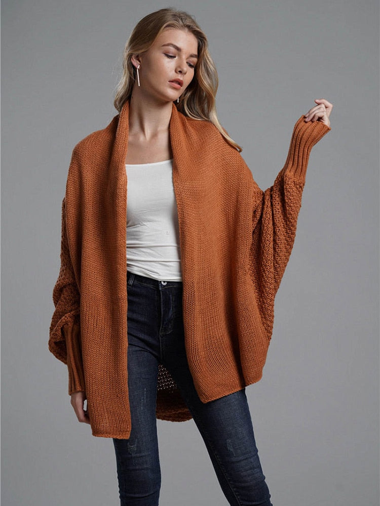 Fitshinling Oversized Sweater Cardigan Female Clothes Patchwork Batwing Sleeve Long Outerwear Women Winter Big Size Jacket Coat