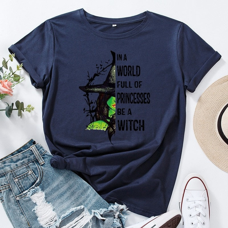 JCGO Fashion Summer T Shirts Women Casual Graphic Cotton Halloween Witch Print Female Short Sleeve Tshirt Vintage Lady Tops Tees