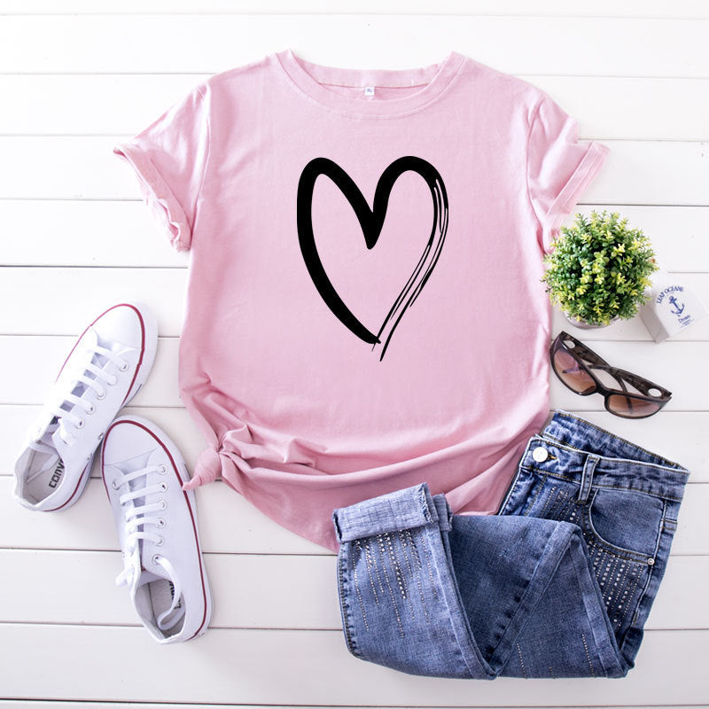 JCGO Summer Cotton Women Heart Print T Shirt S-5XL Versatile Short Sleeve Tees Tops Casual Simple O-Neck Female TShirts