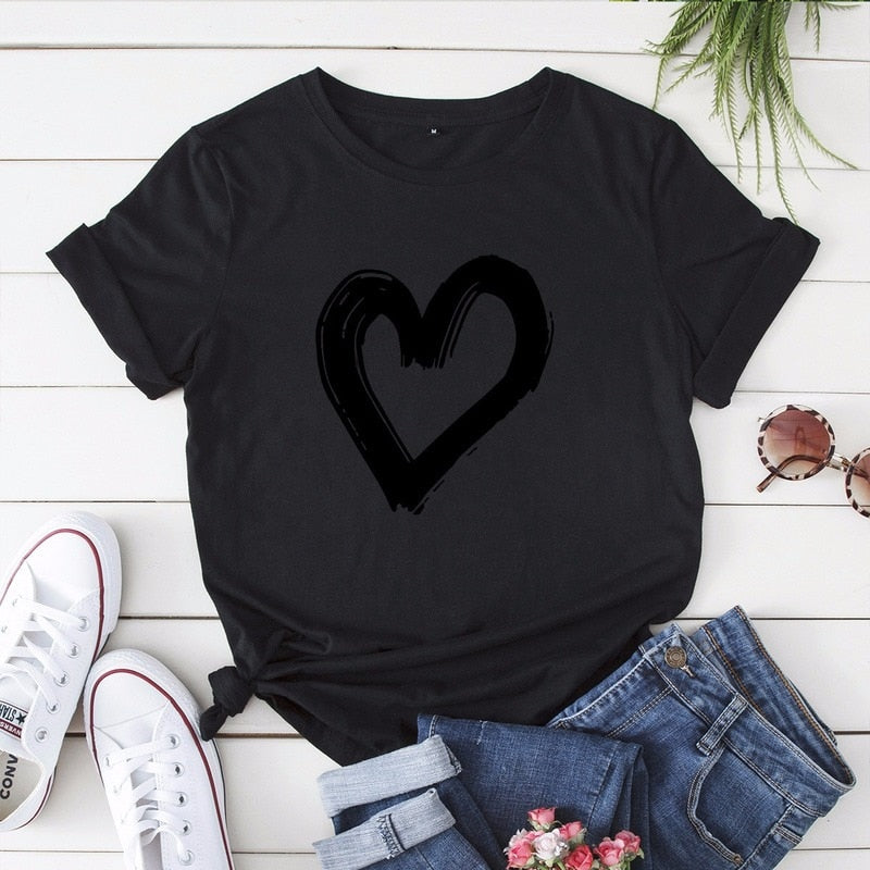 JCGO Summer Cotton Women Heart Print T Shirt S-5XL Versatile Short Sleeve Tees Tops Casual Simple O-Neck Female TShirts