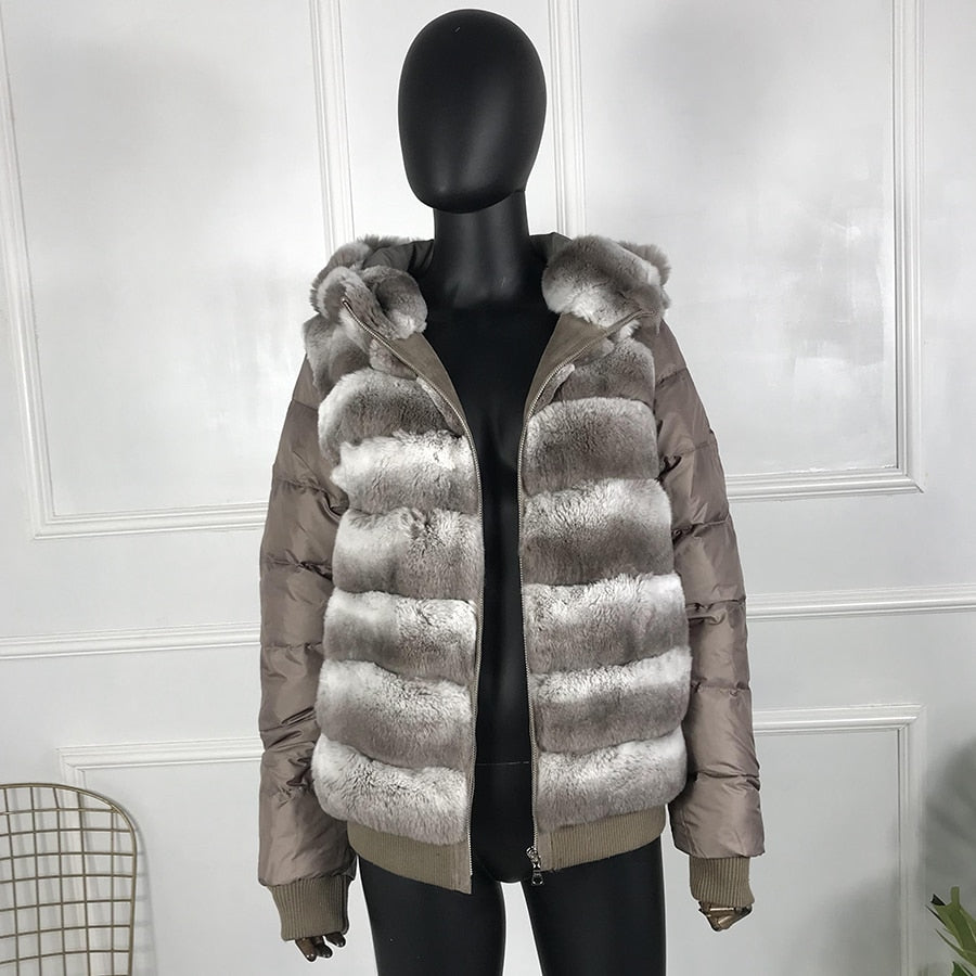 Real Rex Rabbit Fur Coat With Hood Down Coat Jacket Sleeves Fur Bomber Jacket Real Fur Jacket Hooded With Down Fur Coat Women