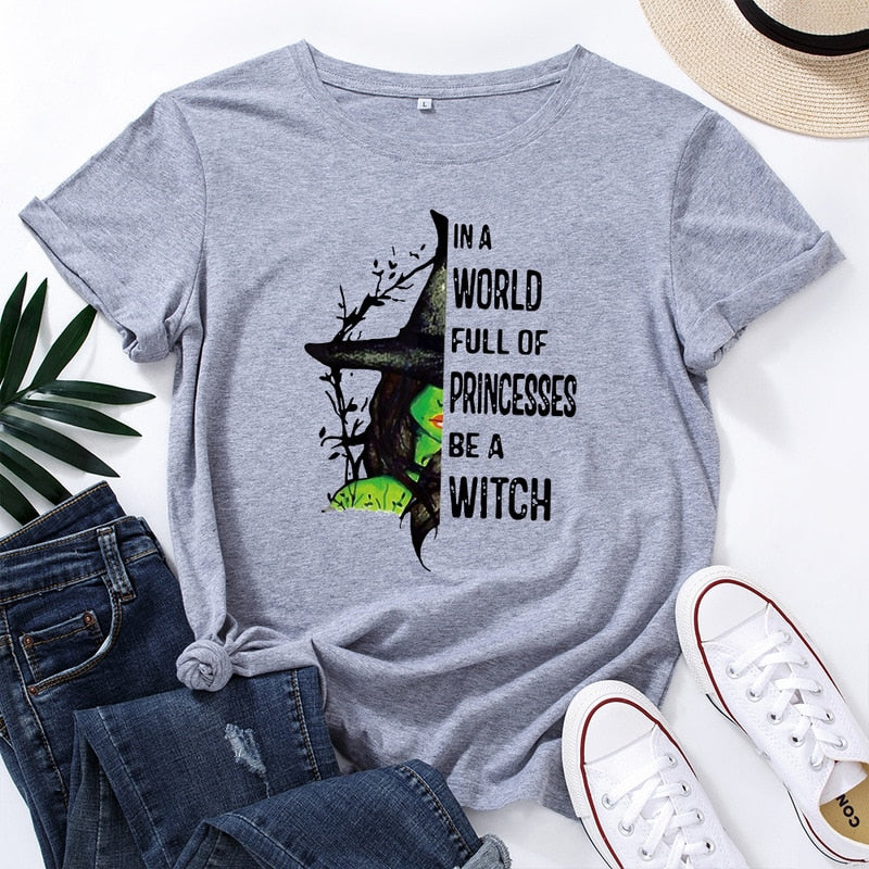 JCGO Fashion Summer T Shirts Women Casual Graphic Cotton Halloween Witch Print Female Short Sleeve Tshirt Vintage Lady Tops Tees