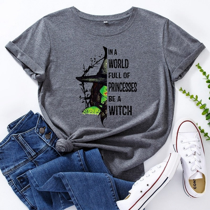 JCGO Fashion Summer T Shirts Women Casual Graphic Cotton Halloween Witch Print Female Short Sleeve Tshirt Vintage Lady Tops Tees