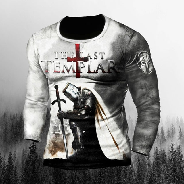 Vintage Print Tshirt 3d Templar Shirt Us Long Sleeve Street Hip Hop Loose Crew Neck Fall Top Plus Size Men Pullover Clothes