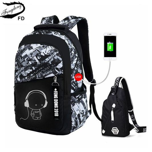 Fengdong boys school bags waterproof large backpack for teenagers bagpack high school backpack for boy student chest bag set