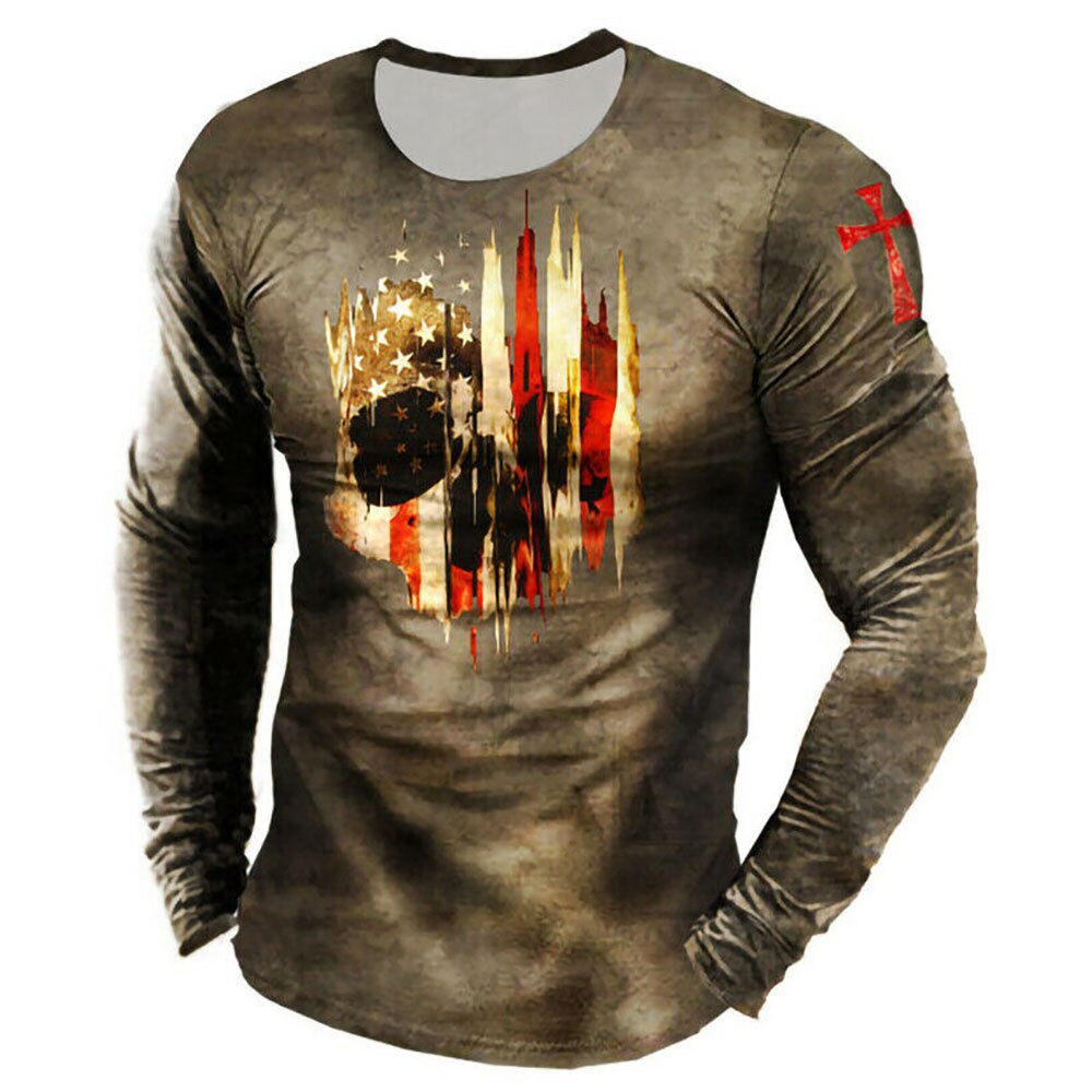 Vintage Print Tshirt 3d Templar Shirt Us Long Sleeve Street Hip Hop Loose Crew Neck Fall Top Plus Size Men Pullover Clothes