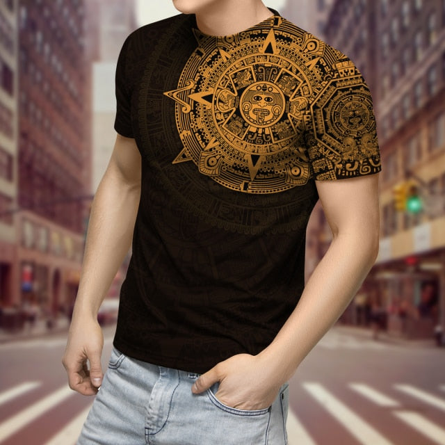 2022 Streetwear Fashion T-shirt Men&#39;s Short-sleeved Loose T-shirt Aztec Mexico Tattoo 3D Printing Slim Round Neck Tshirt Men