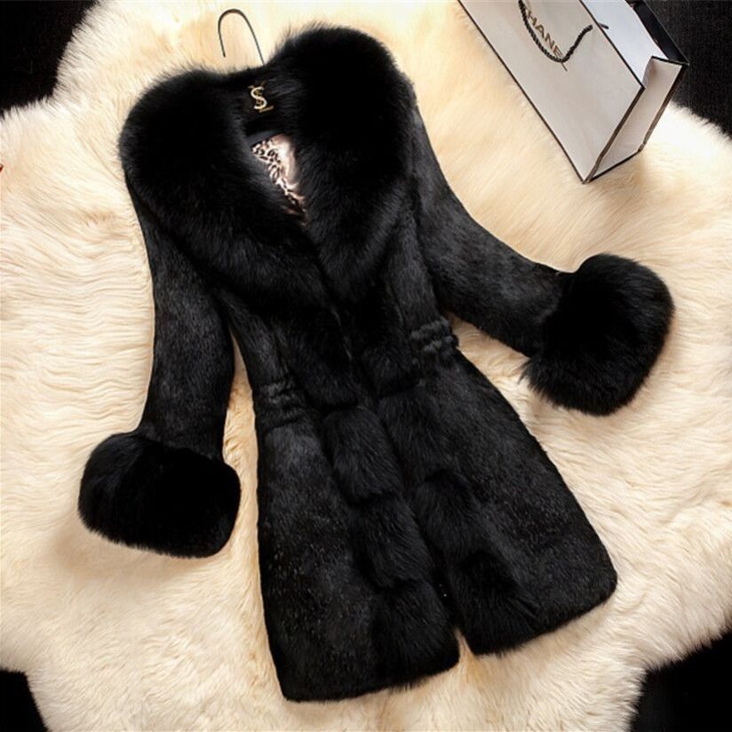 The New Thicken Middle-aged Female Fox Collar Keep Warm  Overcoat Long Faux Fur Coat  Coats and Jackets Women