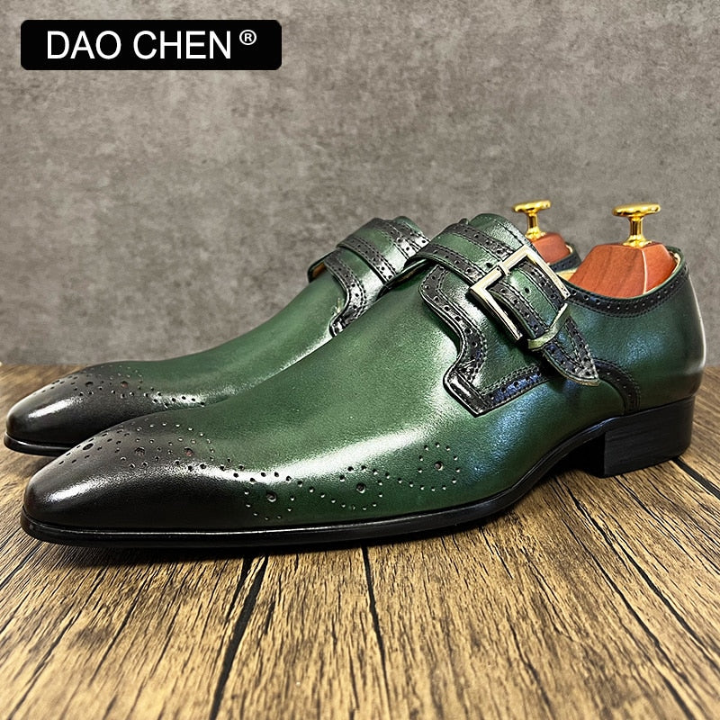 LUXURY BRAND MEN'S LOAFERS MONK STRAP SHOES GENUINE LEATHER FASHION MENS DRESS SHOES BLACK GREEN OFFICE WEDDING MEN CASUAL SHOES