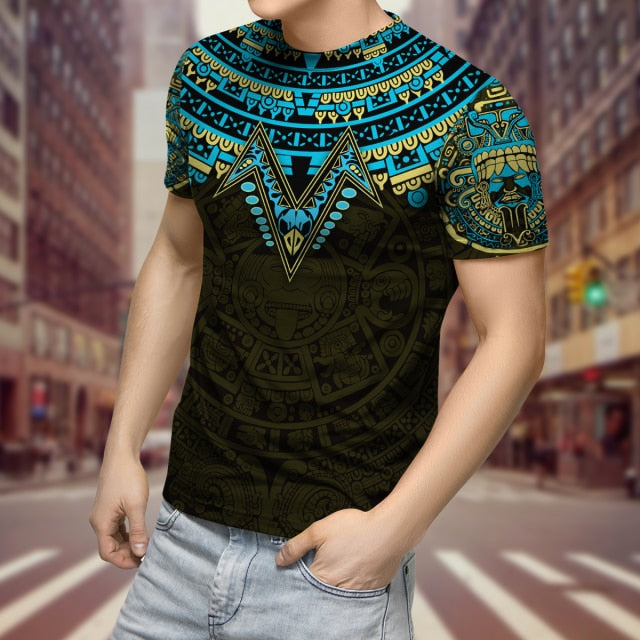 2022 Streetwear Fashion T-shirt Men&#39;s Short-sleeved Loose T-shirt Aztec Mexico Tattoo 3D Printing Slim Round Neck Tshirt Men