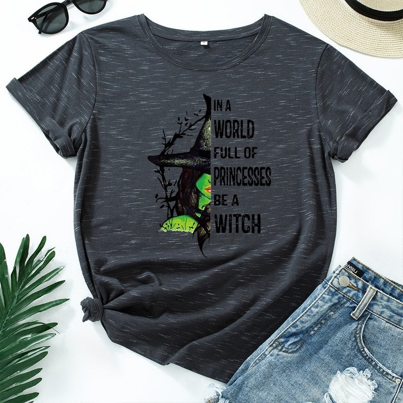 JCGO Fashion Summer T Shirts Women Casual Graphic Cotton Halloween Witch Print Female Short Sleeve Tshirt Vintage Lady Tops Tees