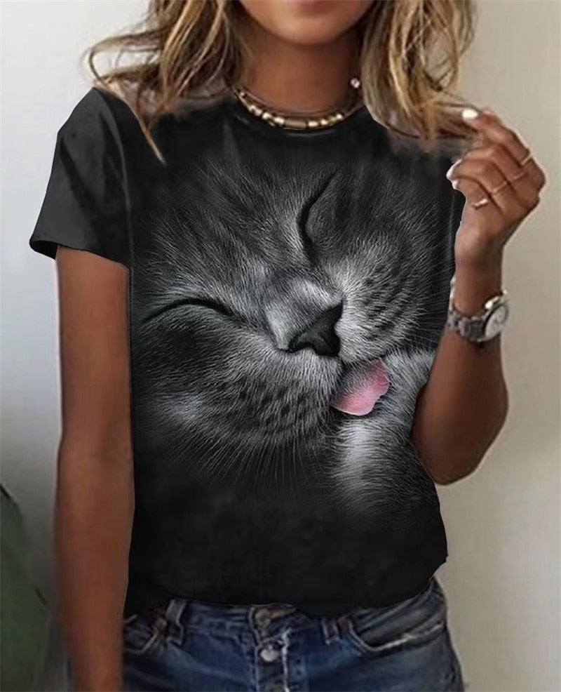 Summer T-Shirt Women 3D Printing Cute Cat Fashion Tee 2022 New Harajuku Animal T-Shirt Short Sleeve Oversized Clothing Camiseta