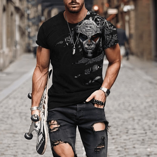 2022 Streetwear Fashion T-shirt Men&#39;s Short-sleeved Loose T-shirt Aztec Mexico Tattoo 3D Printing Slim Round Neck Tshirt Men