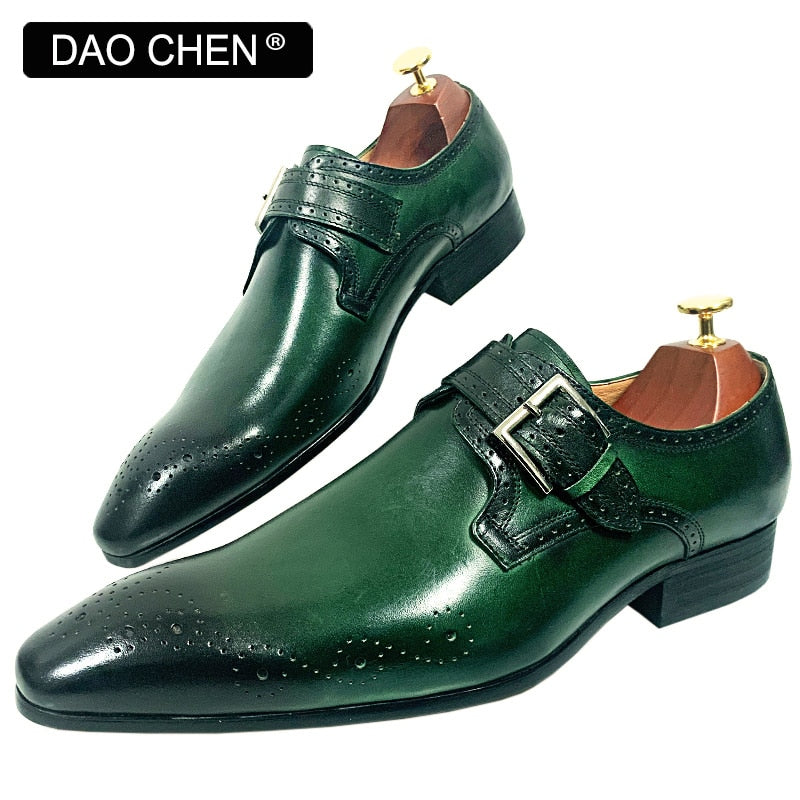 LUXURY BRAND MEN'S LOAFERS MONK STRAP SHOES GENUINE LEATHER FASHION MENS DRESS SHOES BLACK GREEN OFFICE WEDDING MEN CASUAL SHOES