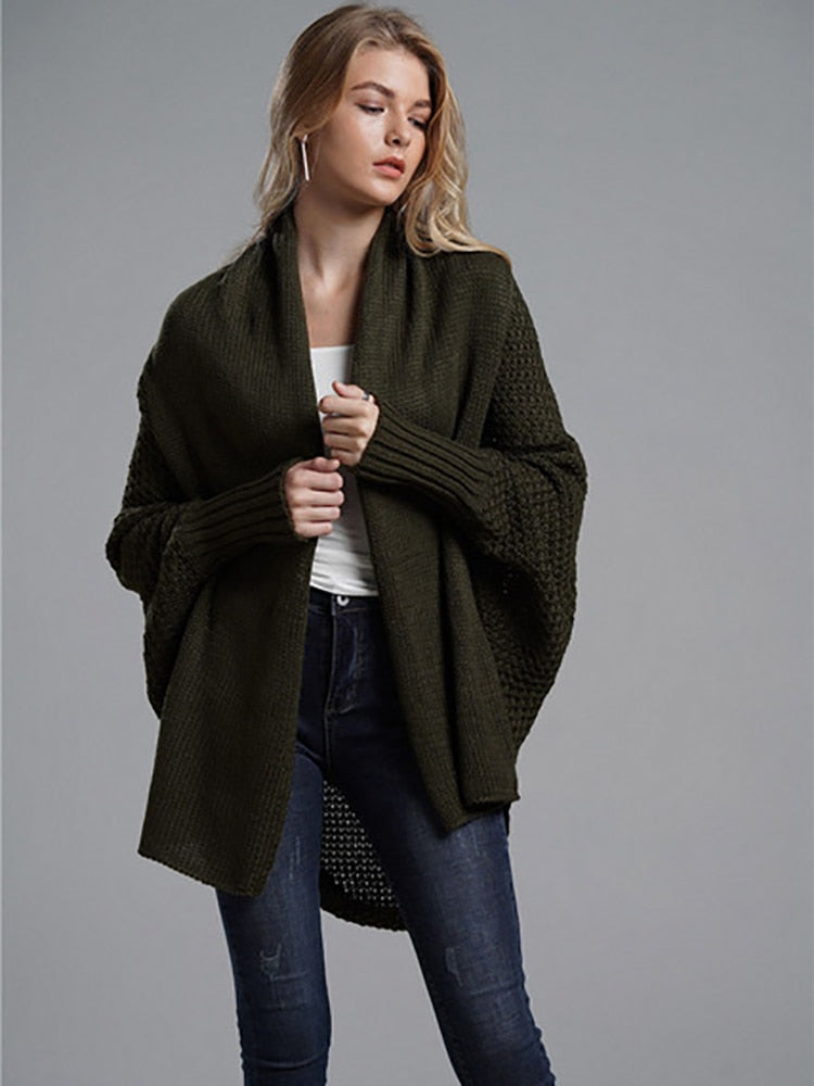 Fitshinling Oversized Sweater Cardigan Female Clothes Patchwork Batwing Sleeve Long Outerwear Women Winter Big Size Jacket Coat