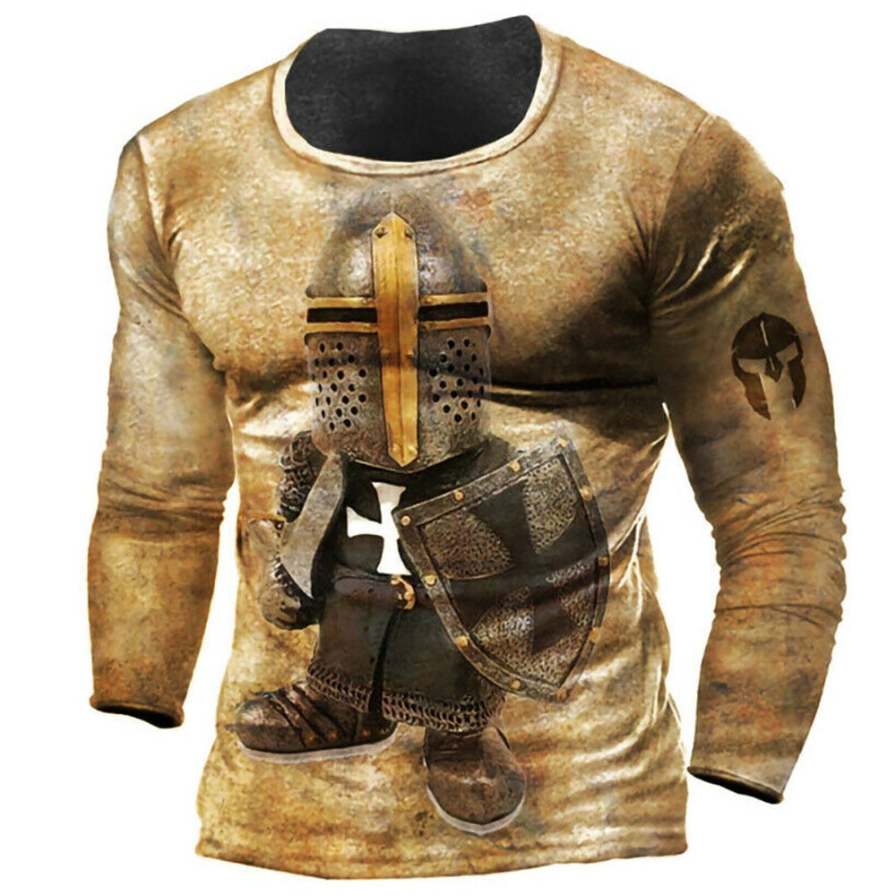 Vintage Print Tshirt 3d Templar Shirt Us Long Sleeve Street Hip Hop Loose Crew Neck Fall Top Plus Size Men Pullover Clothes