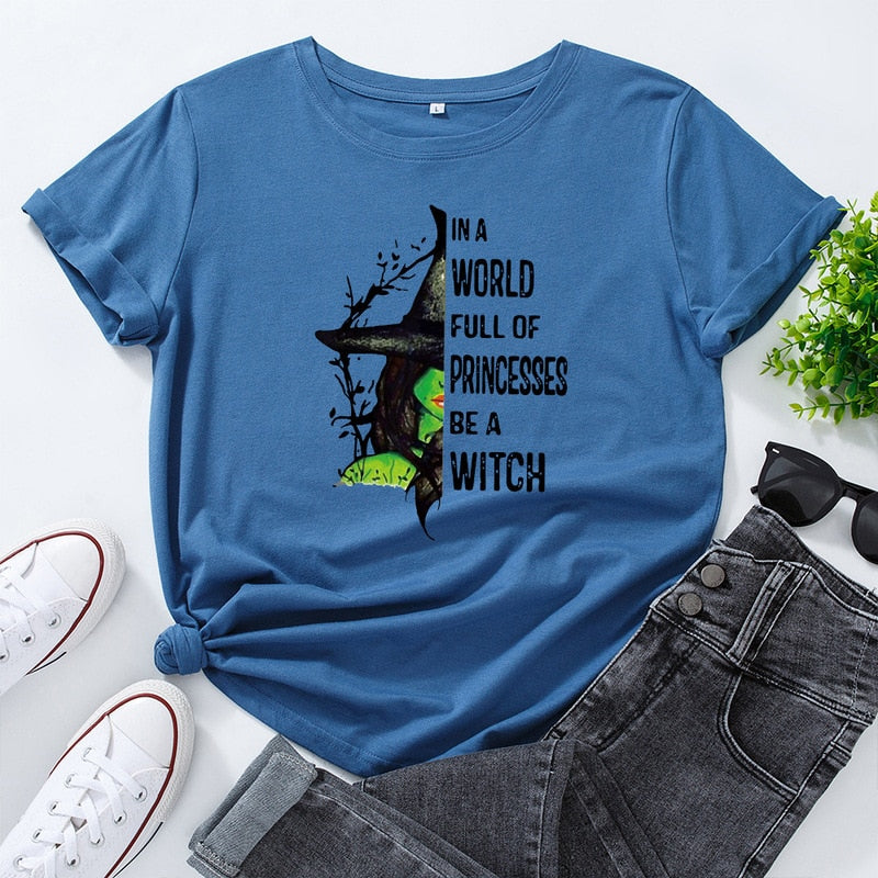 JCGO Fashion Summer T Shirts Women Casual Graphic Cotton Halloween Witch Print Female Short Sleeve Tshirt Vintage Lady Tops Tees