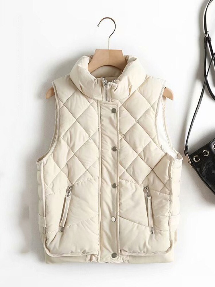 2022 Stand Collar Zipper Pocket Women's Vest Autumn Winter Diamond Cotton Vest Jacket Female Jackets Autumn Spring Women Warm