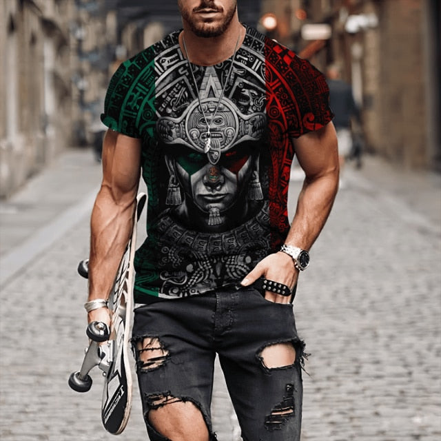 2022 Streetwear Fashion T-shirt Men&#39;s Short-sleeved Loose T-shirt Aztec Mexico Tattoo 3D Printing Slim Round Neck Tshirt Men