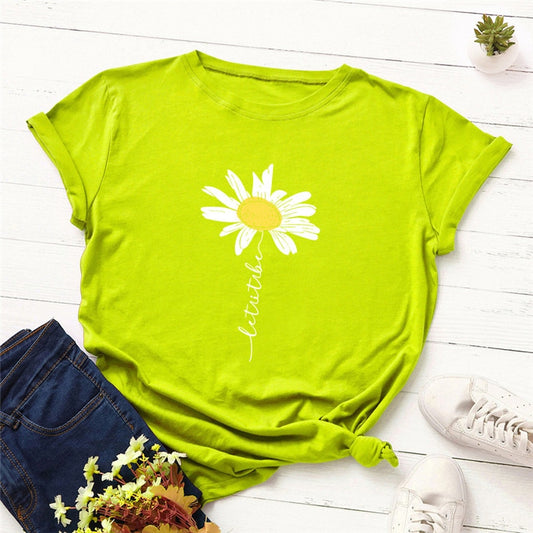 Summer T Shirt Women Cute Daisy Print T-Shirt 100%Cotton Women Tshirt O Neck Short Sleeve Tee Oversized Tops Woman Tshirts