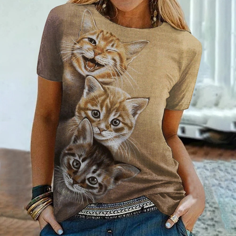 Summer T-Shirt Women 3D Printing Cute Cat Fashion Tee 2022 New Harajuku Animal T-Shirt Short Sleeve Oversized Clothing Camiseta