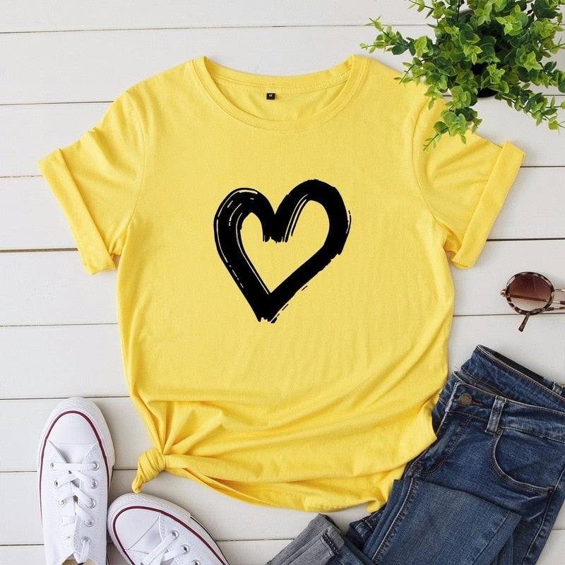 JCGO Summer Cotton Women Heart Print T Shirt S-5XL Versatile Short Sleeve Tees Tops Casual Simple O-Neck Female TShirts