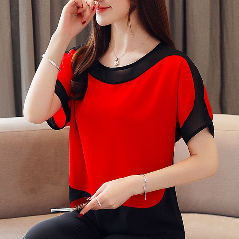 Womens Tops And Blouses Fashion 2022 Chiffon Blouse Plus Size Ladies Tops Shirts Solid Short O-Neck Batwing Sleeve 3397 50