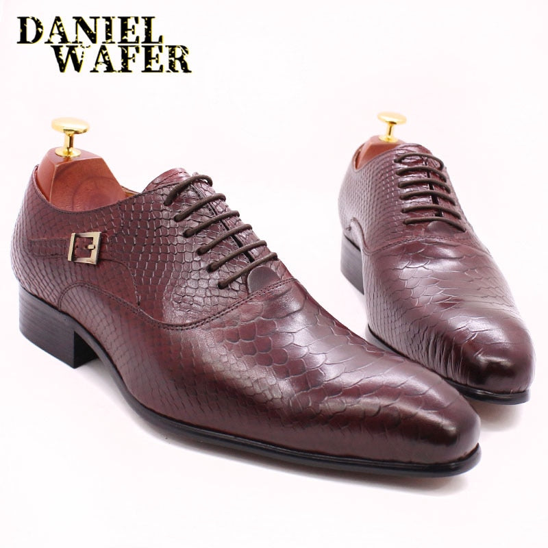 Fashion Men Dress Leather Shoes Snake Skin Prints Classic Style Wine Blue Coffee Black Lace Up Pointed Men Oxford Formal Shoes