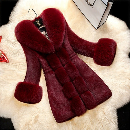 The New Thicken Middle-aged Female Fox Collar Keep Warm  Overcoat Long Faux Fur Coat  Coats and Jackets Women