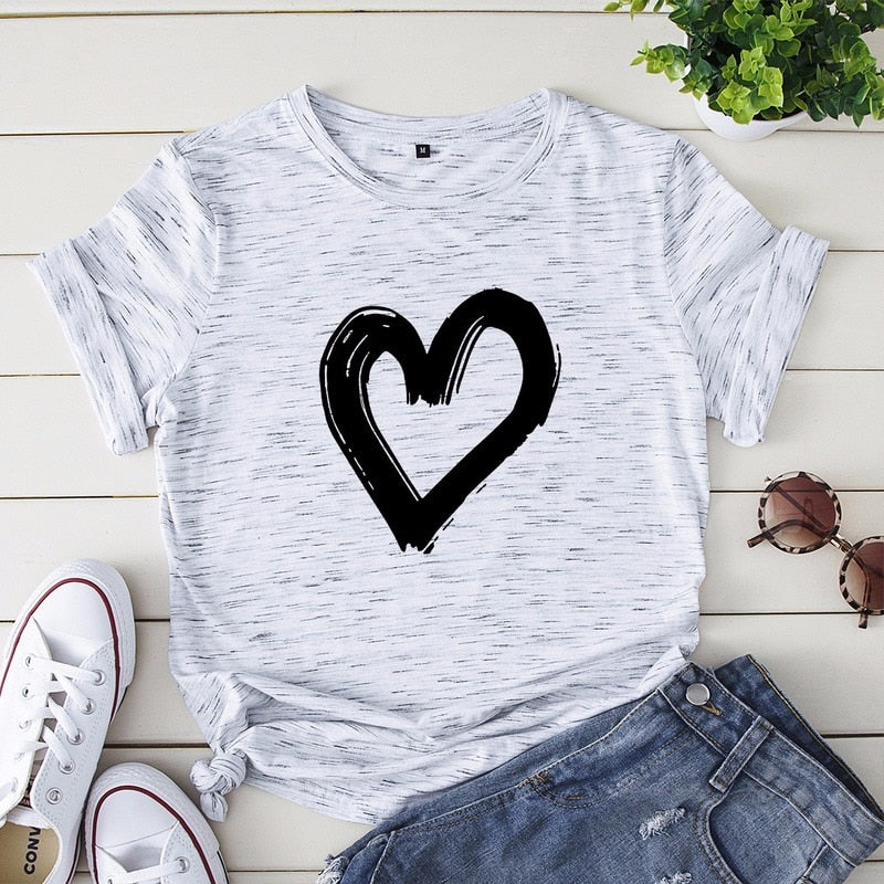 JCGO Summer Cotton Women Heart Print T Shirt S-5XL Versatile Short Sleeve Tees Tops Casual Simple O-Neck Female TShirts