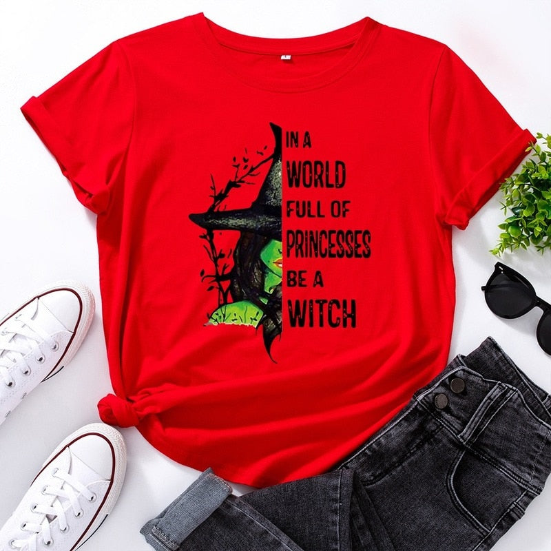 JCGO Fashion Summer T Shirts Women Casual Graphic Cotton Halloween Witch Print Female Short Sleeve Tshirt Vintage Lady Tops Tees