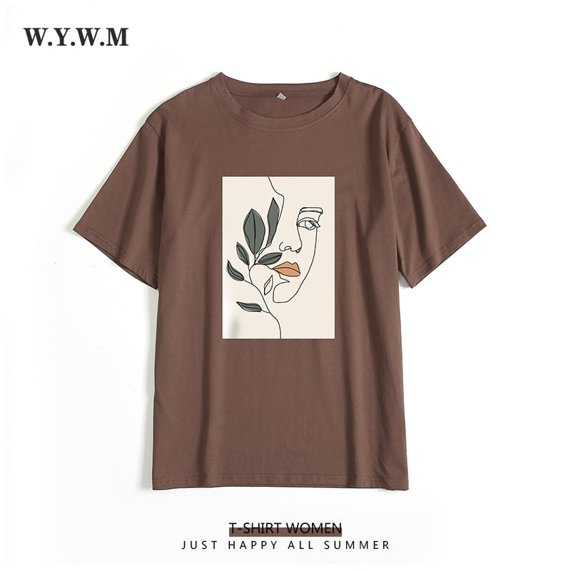 WYWM Summer Casual Harajuku Woman Tshirts Simple Character Printed Tshirts Oversized O-neck Tee Shirts Short Sleeve Female Tops