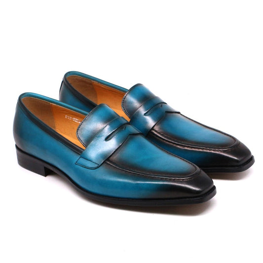 Handmade Mens Penny Loafer Shoes Genuine Leather Classic Blue Dress Shoes Wedding Party Slip on Shoe for Men Italian Fashion