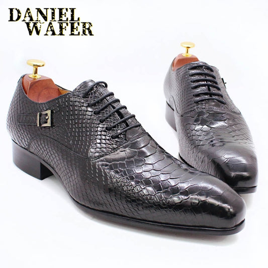 Fashion Men Dress Leather Shoes Snake Skin Prints Classic Style Wine Blue Coffee Black Lace Up Pointed Men Oxford Formal Shoes