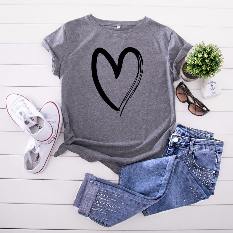 JCGO Summer Cotton Women Heart Print T Shirt S-5XL Versatile Short Sleeve Tees Tops Casual Simple O-Neck Female TShirts