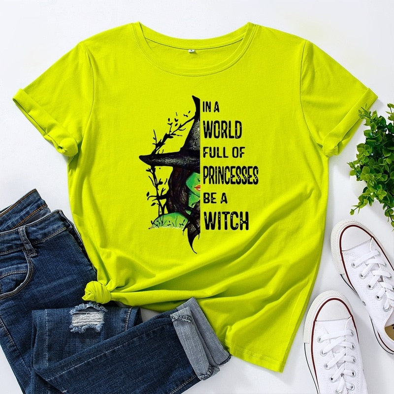 JCGO Fashion Summer T Shirts Women Casual Graphic Cotton Halloween Witch Print Female Short Sleeve Tshirt Vintage Lady Tops Tees