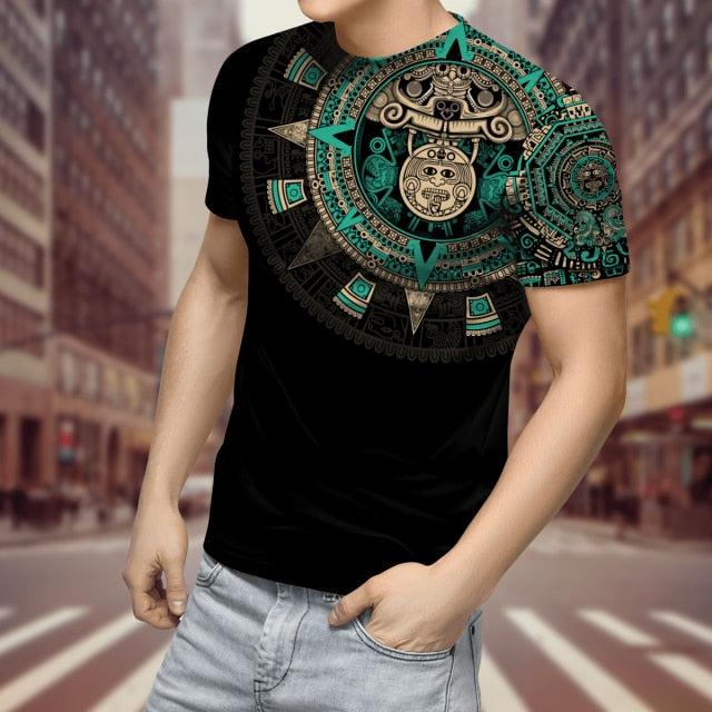 2022 Streetwear Fashion T-shirt Men&#39;s Short-sleeved Loose T-shirt Aztec Mexico Tattoo 3D Printing Slim Round Neck Tshirt Men