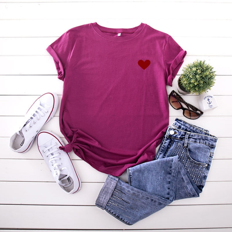 JCGO Summer Cotton Women Heart Print T Shirt S-5XL Versatile Short Sleeve Tees Tops Casual Simple O-Neck Female TShirts