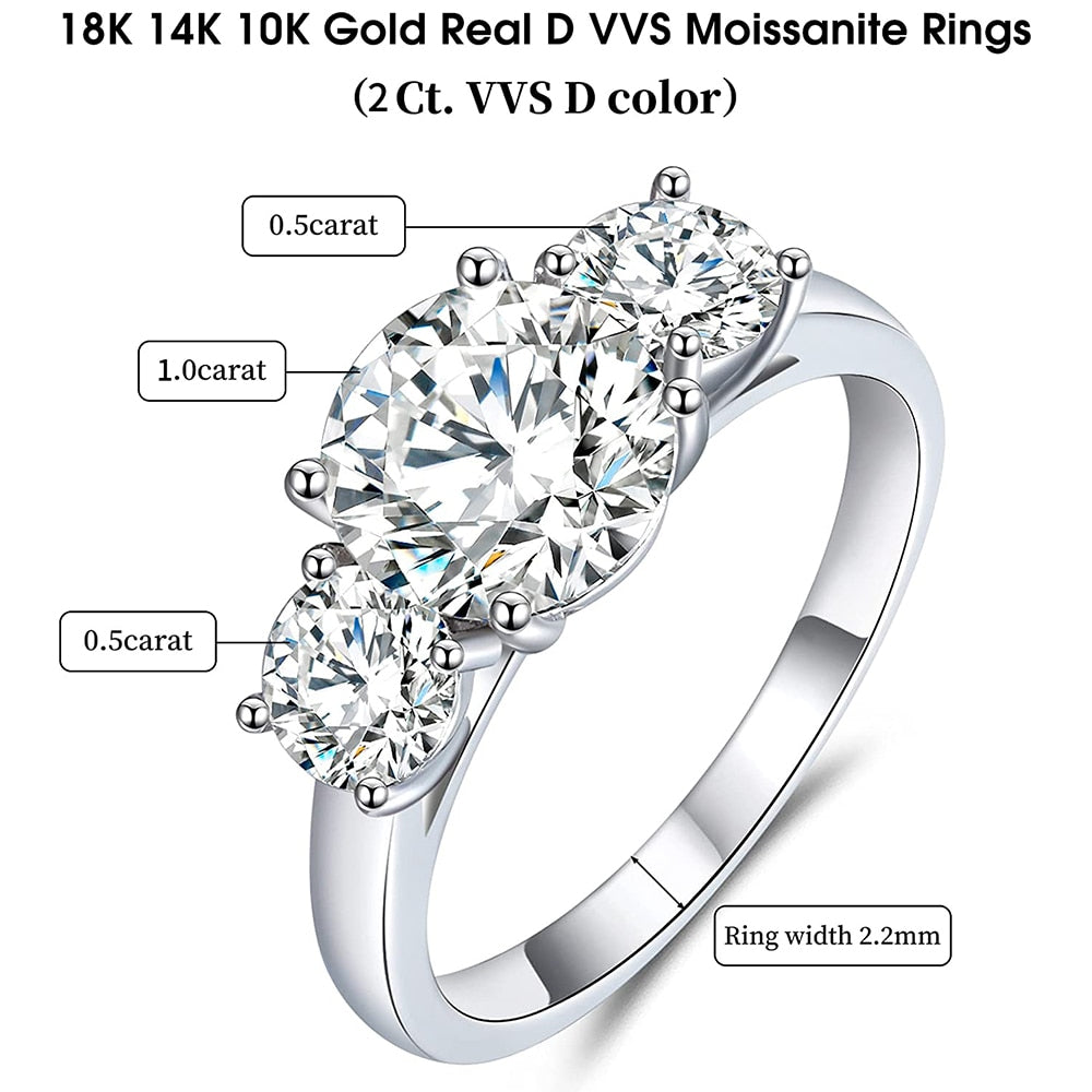 Genuine 18k 14k 10k Gold Rings for Women 2ct D VVS1 Round Moissanite Diamond Silver Engagement Wedding Jewelry with Certificate