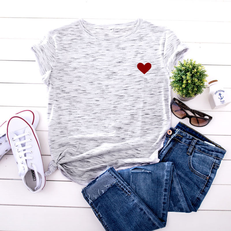 JCGO Summer Cotton Women Heart Print T Shirt S-5XL Versatile Short Sleeve Tees Tops Casual Simple O-Neck Female TShirts