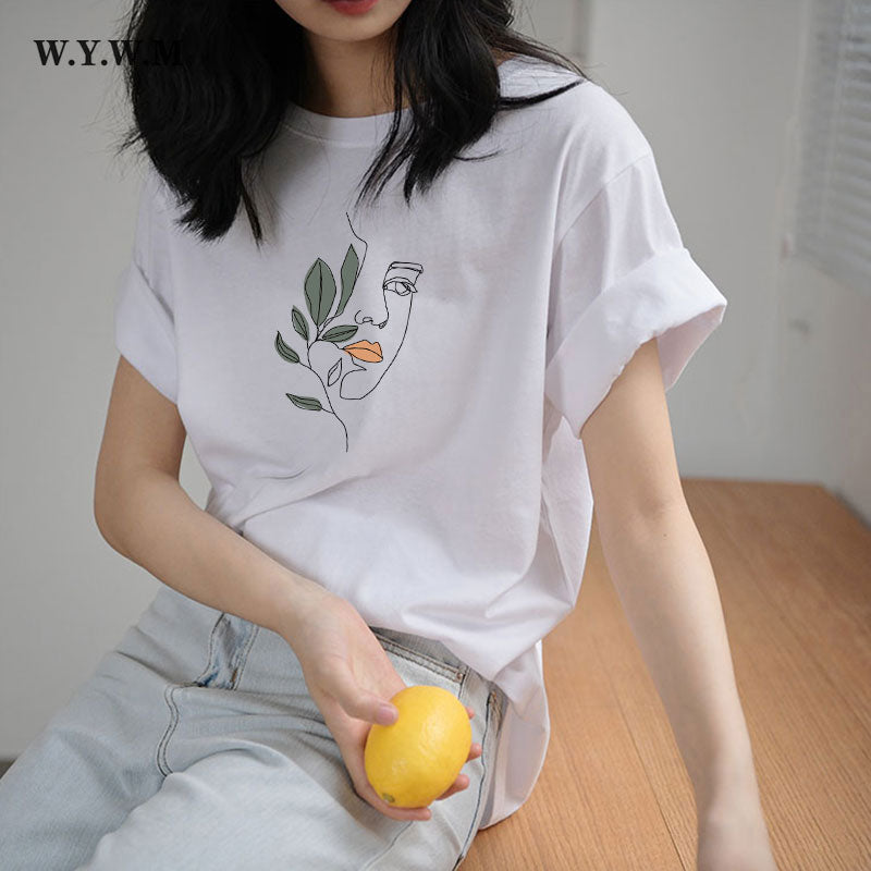 WYWM Summer Casual Harajuku Woman Tshirts Simple Character Printed Tshirts Oversized O-neck Tee Shirts Short Sleeve Female Tops