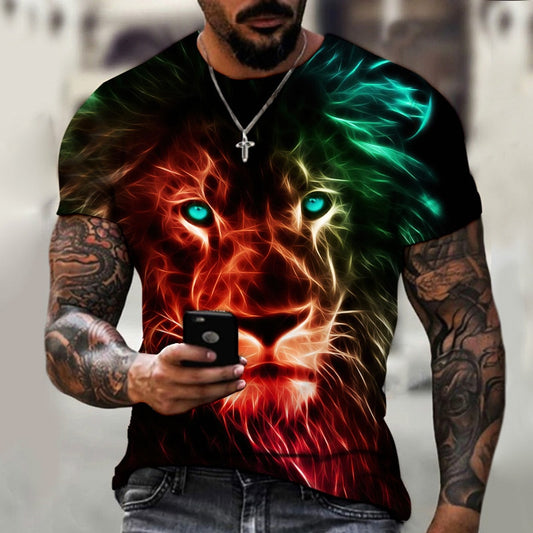 Men Vintage T-Shirt 3D Lion Print New Summer Oversized Tshirt Men's Streetwear Round Neck Short Sleeve Top Fashion Loose Clothes