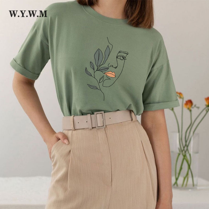 WYWM Summer Casual Harajuku Woman Tshirts Simple Character Printed Tshirts Oversized O-neck Tee Shirts Short Sleeve Female Tops