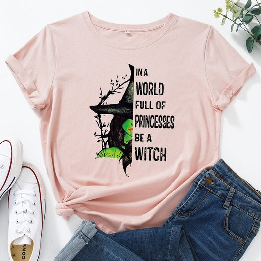 JCGO Fashion Summer T Shirts Women Casual Graphic Cotton Halloween Witch Print Female Short Sleeve Tshirt Vintage Lady Tops Tees