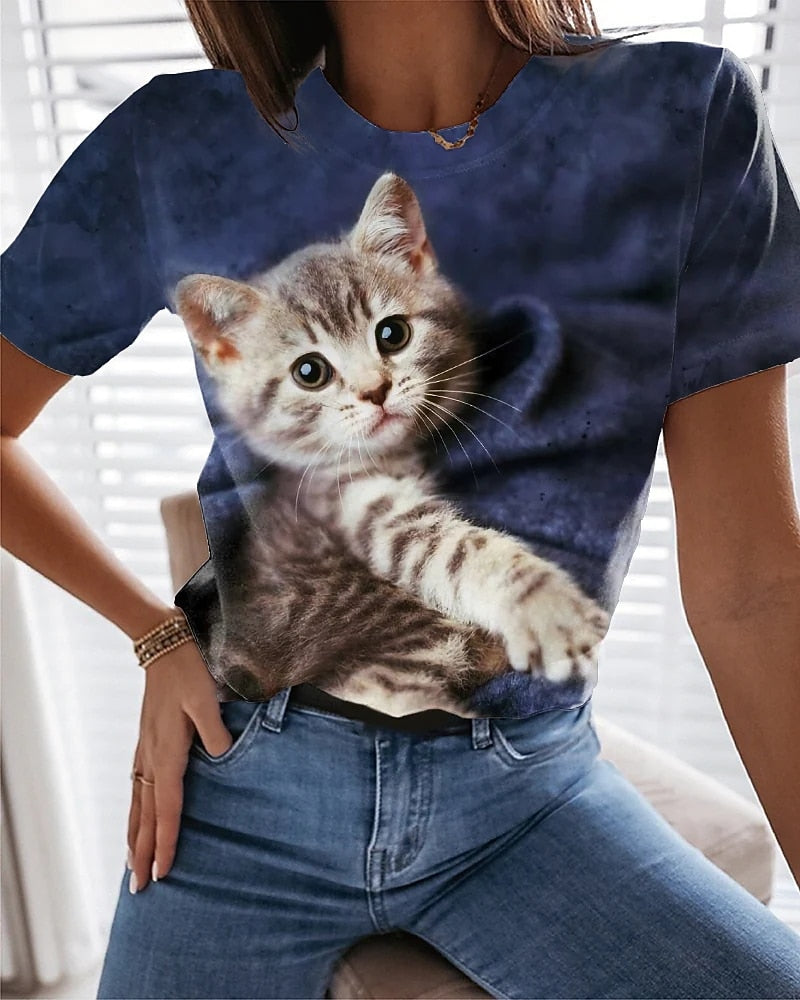 Summer T-Shirt Women 3D Printing Cute Cat Fashion Tee 2022 New Harajuku Animal T-Shirt Short Sleeve Oversized Clothing Camiseta