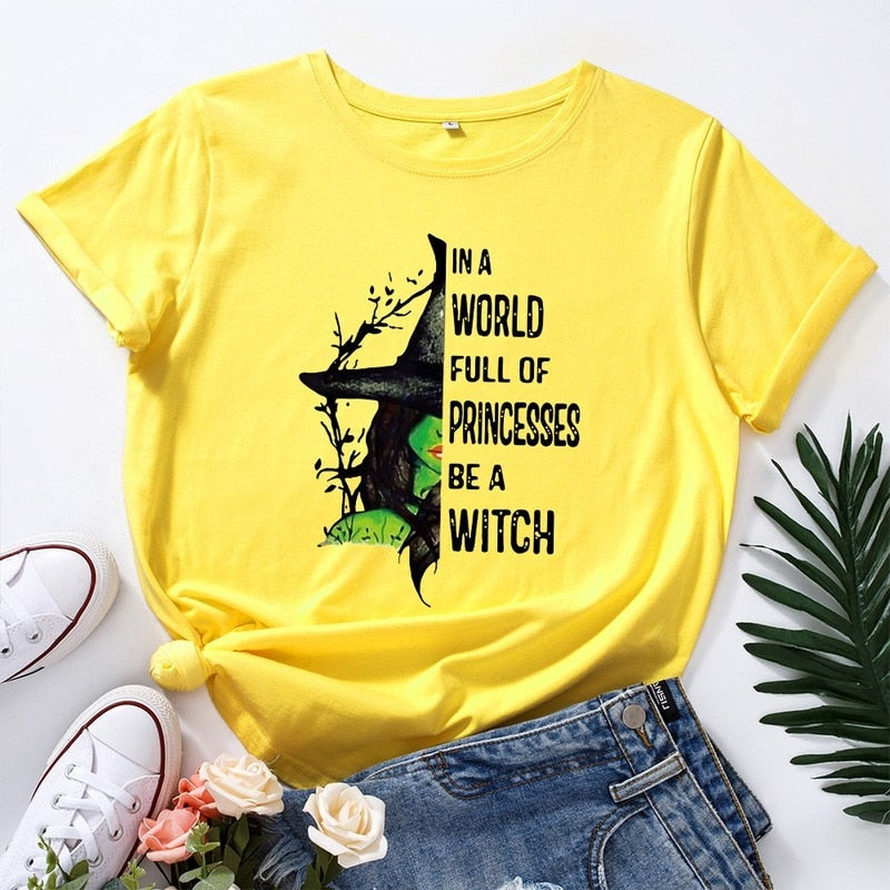 JCGO Fashion Summer T Shirts Women Casual Graphic Cotton Halloween Witch Print Female Short Sleeve Tshirt Vintage Lady Tops Tees