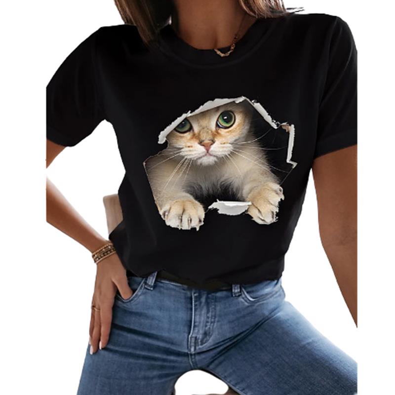 Women T-Shirts Cute Cat 3d Print Summer Girls Kawaii Female T Shirt Kids Size Oversized Tops Tees 2022 Fashion Blouses Camisetas