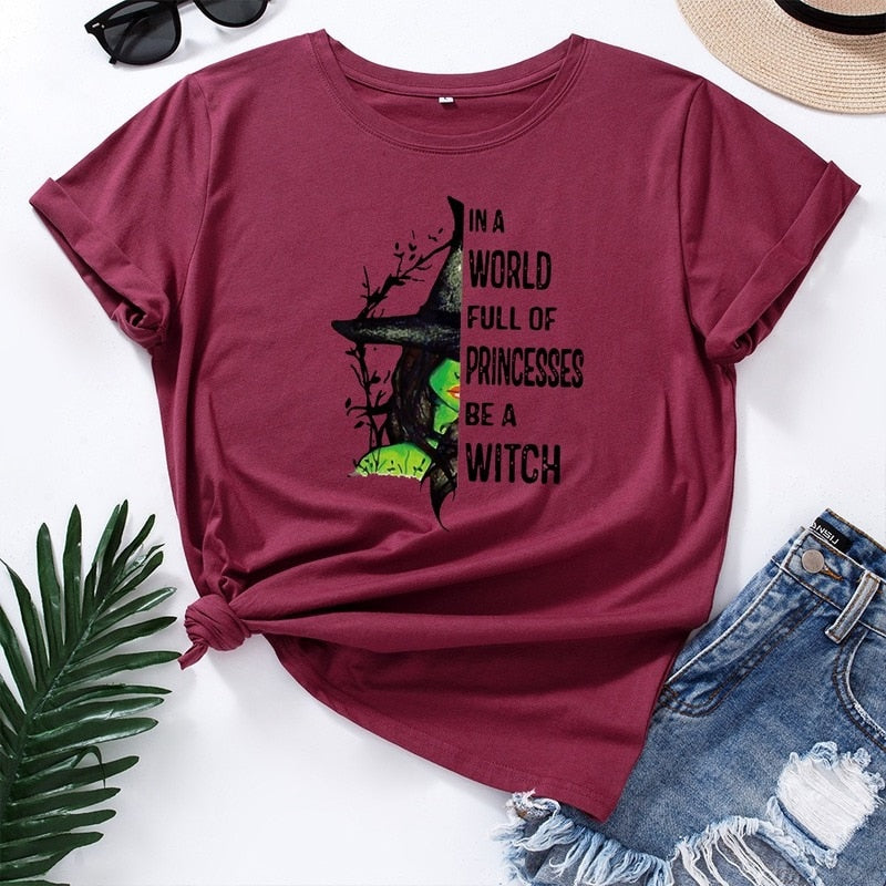 JCGO Fashion Summer T Shirts Women Casual Graphic Cotton Halloween Witch Print Female Short Sleeve Tshirt Vintage Lady Tops Tees