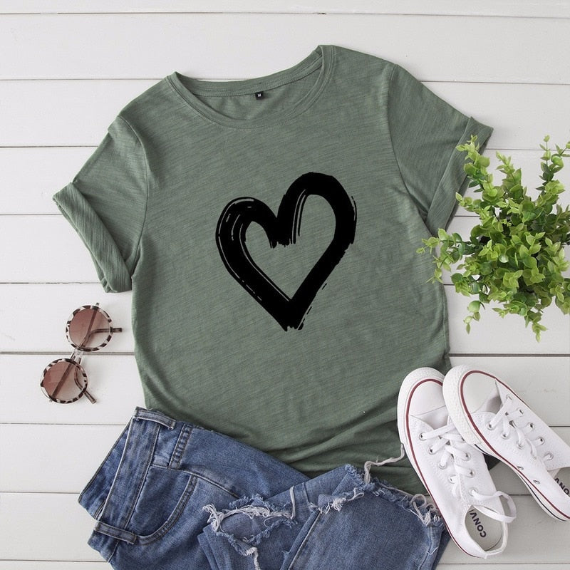 JCGO Summer Cotton Women Heart Print T Shirt S-5XL Versatile Short Sleeve Tees Tops Casual Simple O-Neck Female TShirts