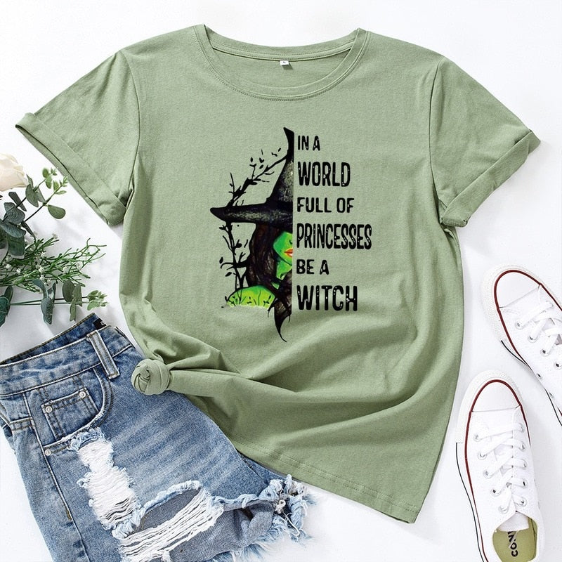 JCGO Fashion Summer T Shirts Women Casual Graphic Cotton Halloween Witch Print Female Short Sleeve Tshirt Vintage Lady Tops Tees